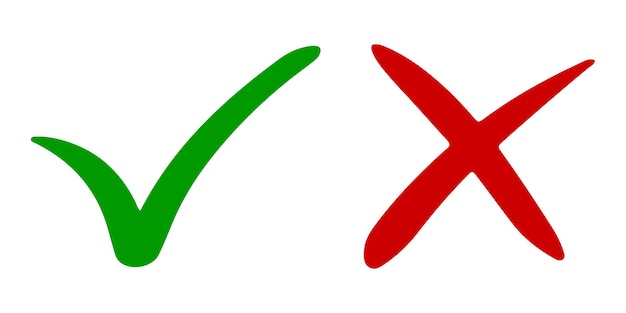 Dibujado a mano de marca de verificación verde y cruz roja aislada Icono correcto e incorrecto Ilustración vectorial
