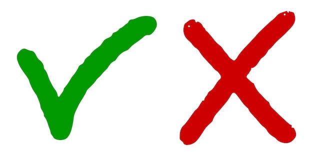 Dibujado a mano de marca de verificación verde y cruz roja aislado icono correcto e incorrecto ilustración vectorial