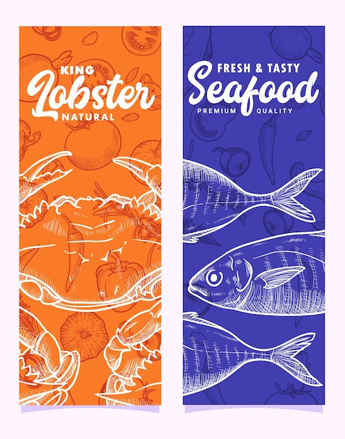 Vector dibujado a mano mariscos cangrejo rey langosta y pescado ilustración plantilla de banner