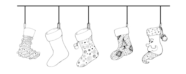Dibujado a mano de medias de Navidad preciosas sobre fondo blanco