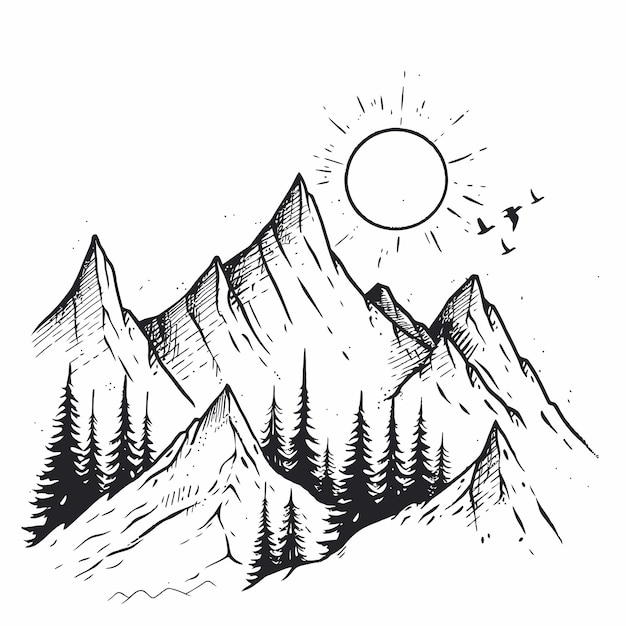 Dibujado a mano de una montaña con un sol y pájaros volando por encima de ella