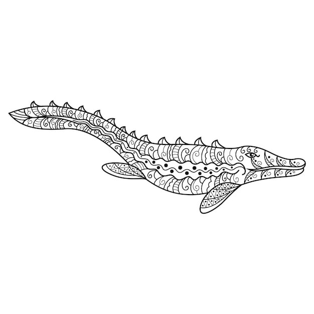 Vector dibujado a mano de mosasaurus en estilo zentangle