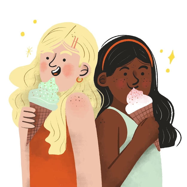 Vector dibujado a mano mujer comiendo helado ilustración