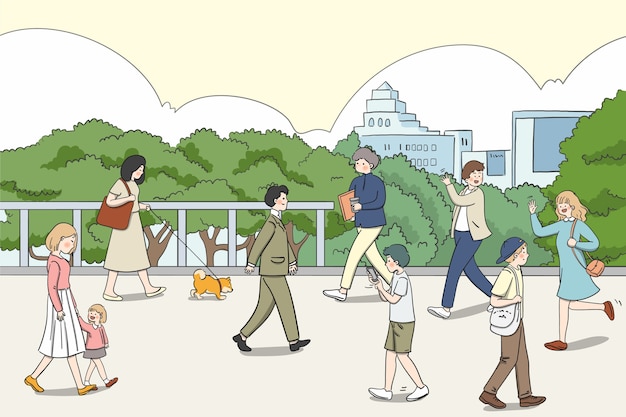 Dibujado a mano multitud de personas caminando ilustración