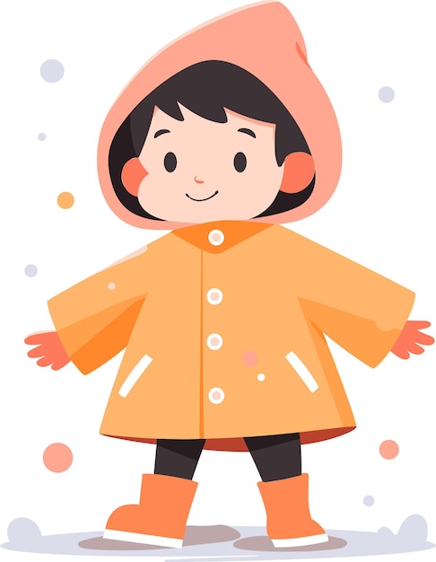 Dibujado a mano Un niño con un impermeable que muestra una expresión alegre de que está lloviendo en estilo plano aislado en el fondo
