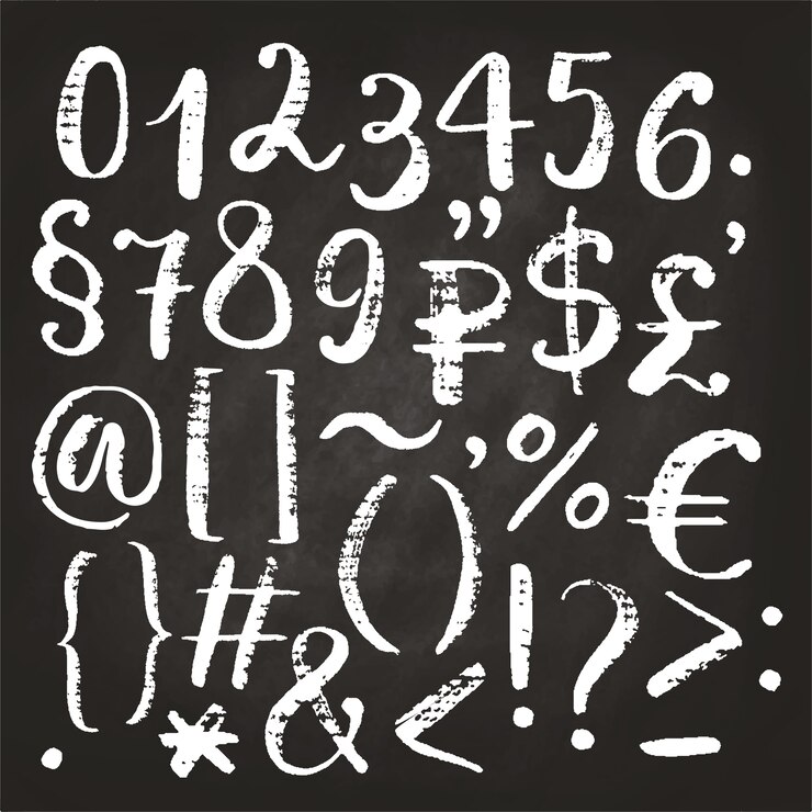 Vector dibujado a mano números caligráficos, ampersand y símbolos escritos con pincel.