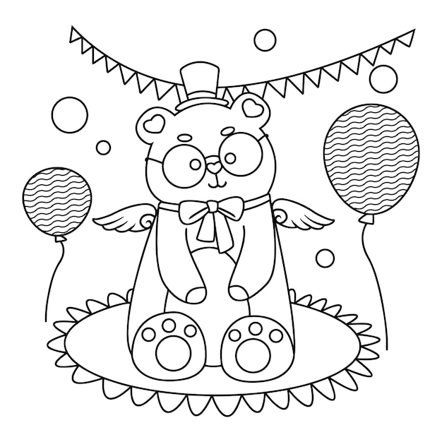 Dibujado a mano Oso de cumpleaños dibujado a mano Ilustración de libro de colorear