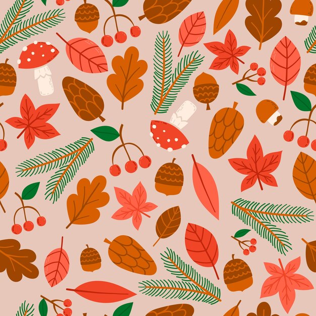 Dibujado a mano otoño elementos de la naturaleza de patrones sin fisuras. Hojas de Otoño, Hongos, Ramas, Conos, Bellotas