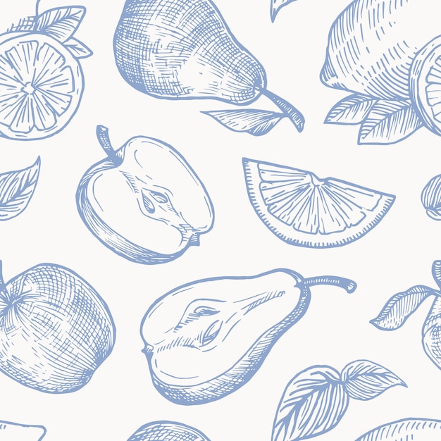 Dibujado a mano otoño frutas cosecha patrón de fondo transparente. tarjeta de bocetos de naranjas, limones, manzanas y peras o plantilla de portada