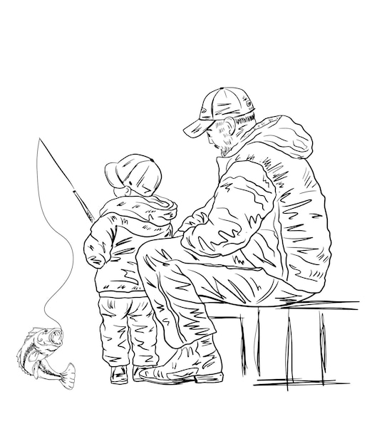 Dibujado a mano padre e hijo van a pescar vetcor sketch padre e hijo