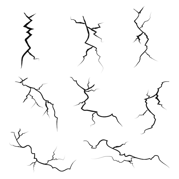 dibujado a mano pared de vidrio agrietado suelo efecto de tormenta eléctrica doodle break set ilustración vectorial