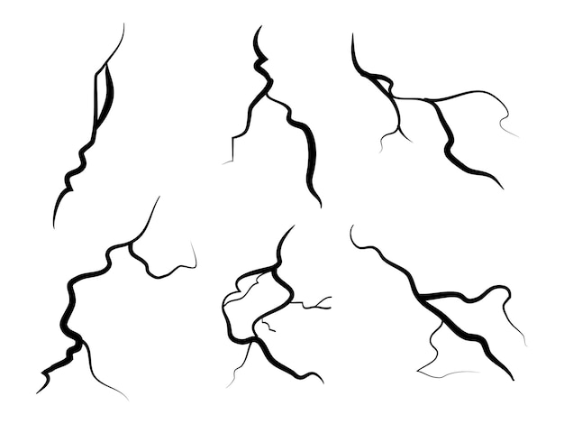 dibujado a mano pared de vidrio agrietado suelo efecto de tormenta eléctrica doodle break set ilustración vectorial