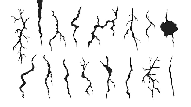 Dibujado a mano pared de vidrio agrietado tierra relámpago tormenta efecto doodle romper conjunto vector ilustración