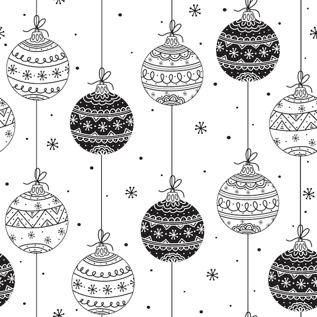 Dibujado a mano un patrón sin costuras en blanco y negro con una bola de bolos de Navidad y copos de nieve