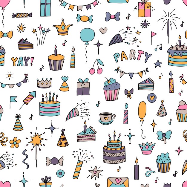 Dibujado a mano patrón sin costuras de cumpleaños fondo lindo tema de la fiesta