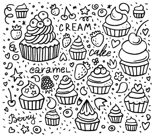 Dibujado a mano patrón de doodle de cupcake con postres bayas y letras ilustración vectorial
