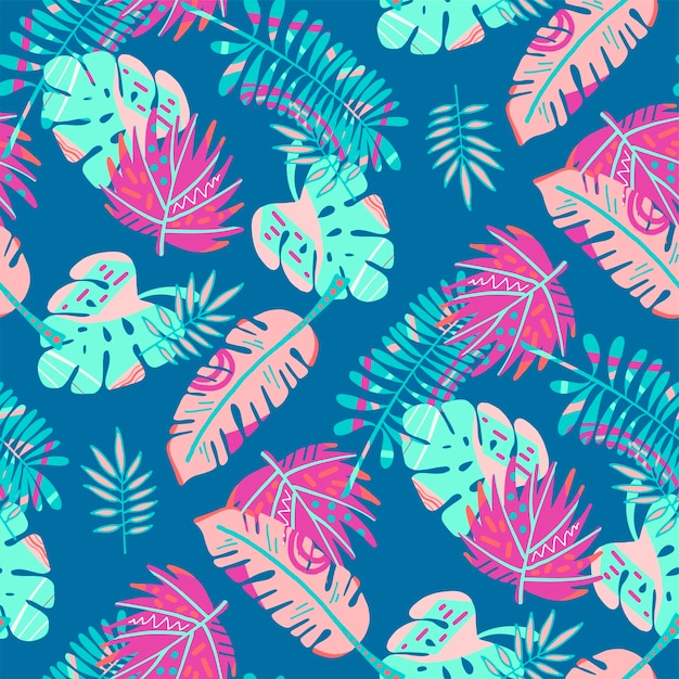 Dibujado a mano sin patrón con hojas tropicales.