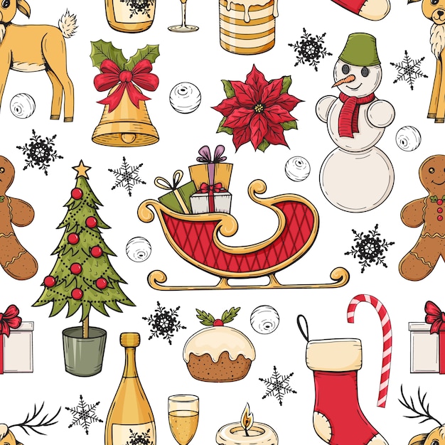 Dibujado a mano patrón transparente de colores con elementos de Navidad sobre fondo blanco.