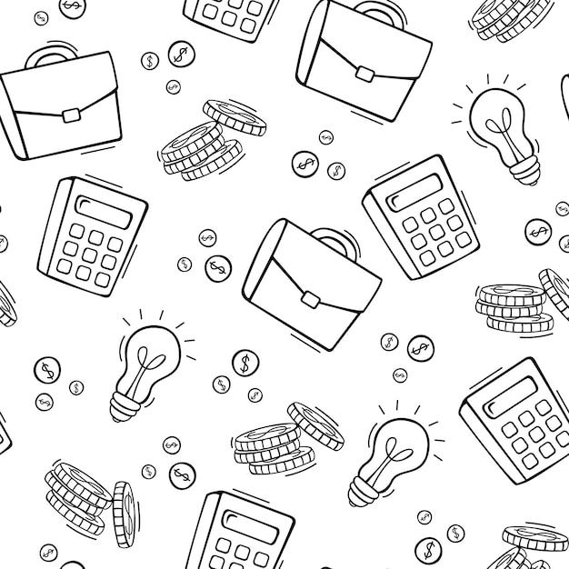 Dibujado a mano patrón transparente de ilustración de elementos de negocios y finanzas