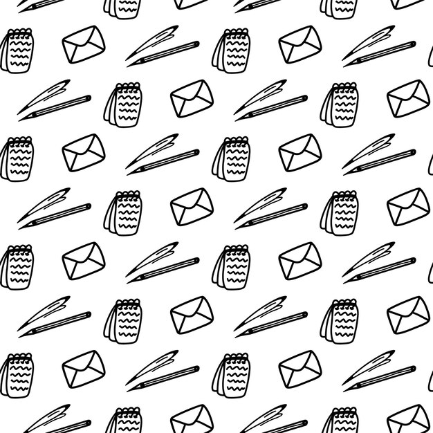 Dibujado a mano de patrones sin fisuras con bloc de notas cuaderno pluma lápiz sobre carta sobre fondo blanco Doodle diseño educativo Adultos y niños para colorear página Regreso a la escuela útiles escolares