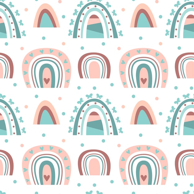 Dibujado a mano de patrones sin fisuras de color pastel lindo arco iris boho aislado sobre fondo blanco. Vector ilustración plana. Diseño para textiles para bebés, papel tapiz, envoltura, telón de fondo.