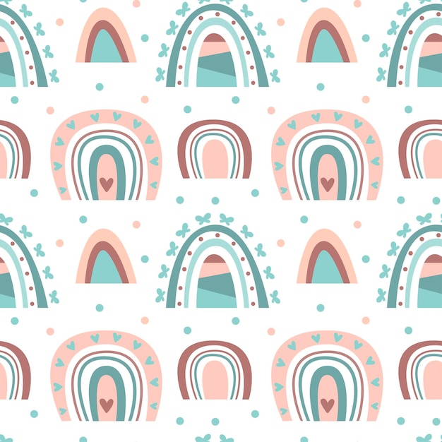 Dibujado a mano de patrones sin fisuras de color pastel lindo arco iris boho aislado sobre fondo blanco. vector ilustración plana. diseño para textiles para bebés, papel tapiz, envoltura, telón de fondo.