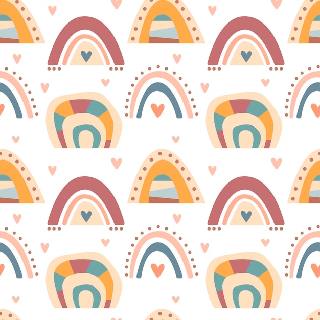 Dibujado a mano de patrones sin fisuras de color pastel lindo arco iris boho aislado sobre fondo blanco. Vector ilustración plana. Diseño para textiles para bebés, papel tapiz, envoltura, telón de fondo.