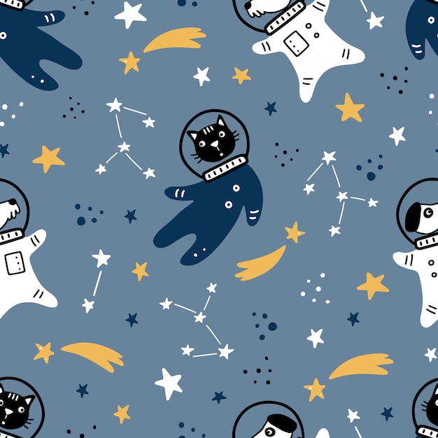 Dibujado a mano de patrones sin fisuras del espacio con estrella, cometa, cohete, planeta, gato, perro elemento astronauta. Estilo Doodle.