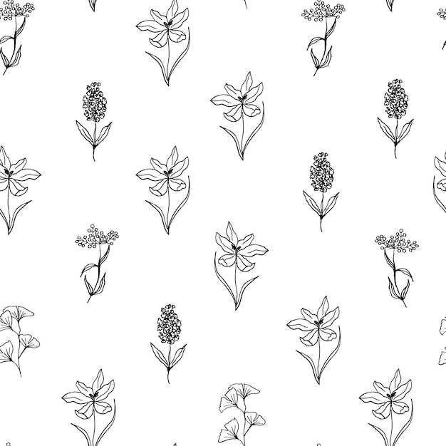 Dibujado a mano de patrones sin fisuras florales con azafrán y lila estilo de arte lineal