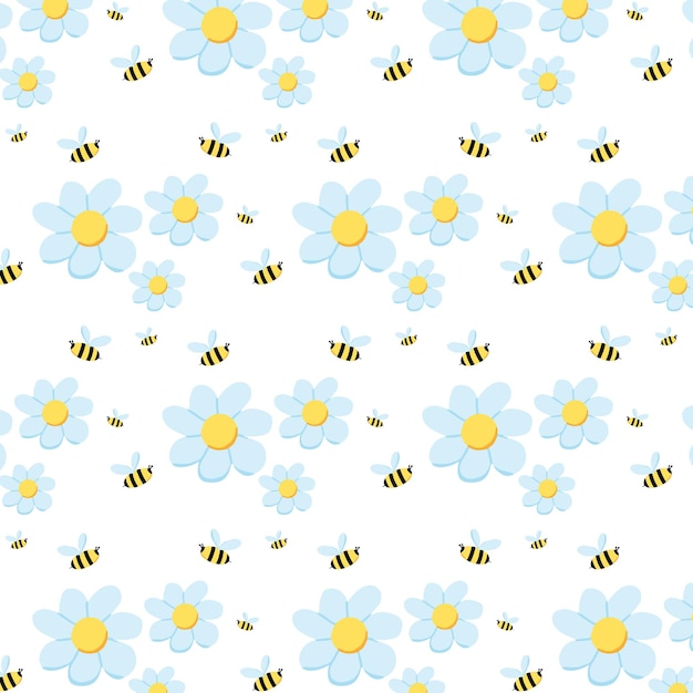 Dibujado a mano de patrones sin fisuras con flores y abejas. Patrón delicado con margaritas. Ilustración vectorial
