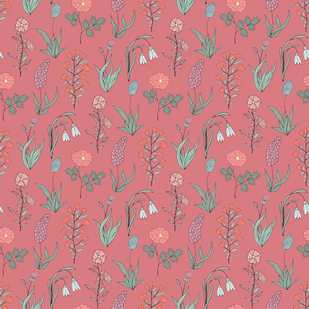 Dibujado a mano de patrones sin fisuras de flores y hojas florecientes Colección de verano colorido floral Ilustración de garabato decorativo para papel tapiz de tarjeta de felicitación embalaje de tela de papel de regalo