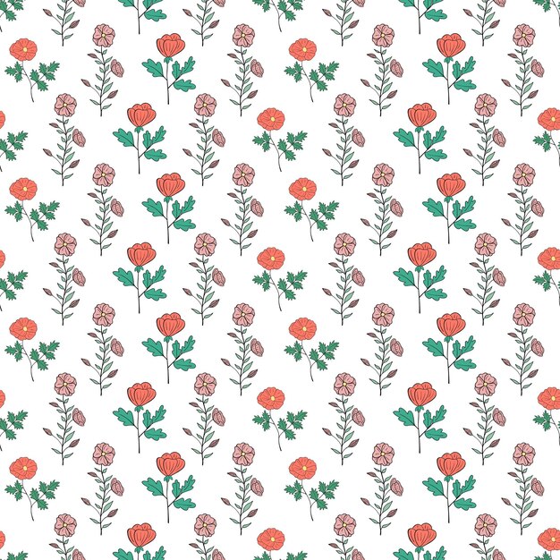 Dibujado a mano de patrones sin fisuras de flores y hojas florecientes Colección de verano colorido floral Ilustración de garabato decorativo para papel tapiz de tarjeta de felicitación embalaje de tela de papel de regalo