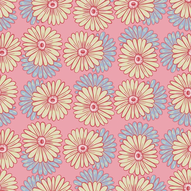 Dibujado a mano de patrones sin fisuras con formas de girasoles contorneadas. Fondo rosa pastel. Lindo estampado floral. Ilustración vectorial para estampados textiles de temporada, telas, pancartas, fondos y fondos de pantalla.