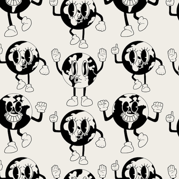 Dibujado a mano de patrones sin fisuras con la mascota de retro earth lindo personaje en dibujos animados retro de moda de los años 60 y 70