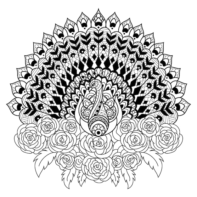 Vector dibujado a mano de pavo real en estilo zentangle