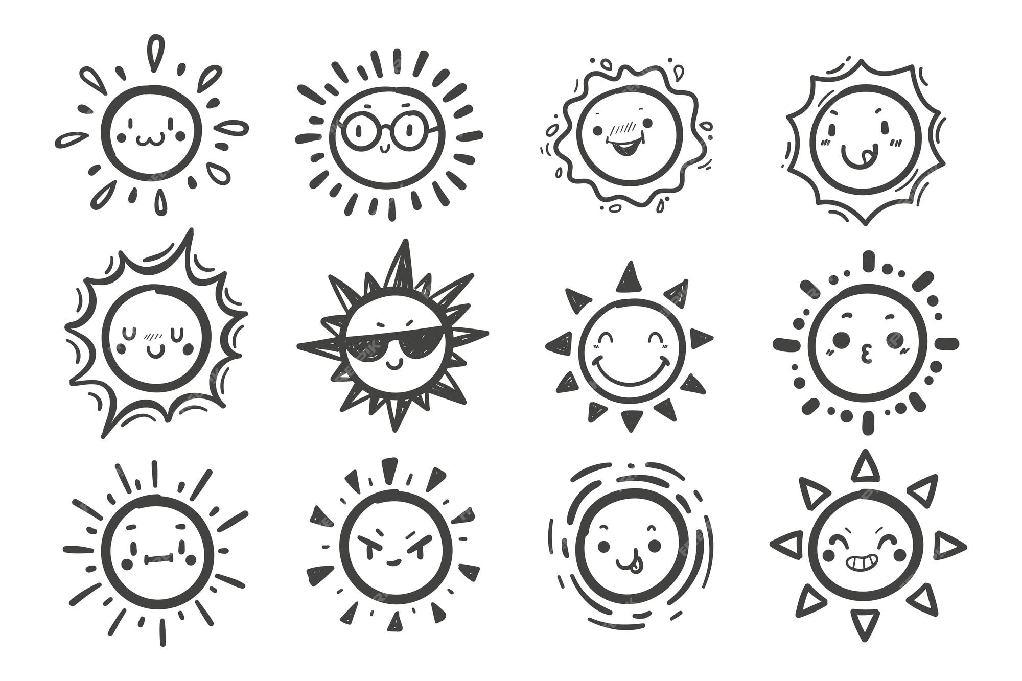 Dibujado a mano personaje de dibujos animados lindo puesta de sol elemento de radiación solar de verano | Vector Premium Dibujado a mano personaje de dibujos animados lindo puesta de sol elemento de radiación solar de verano | Vector Premium