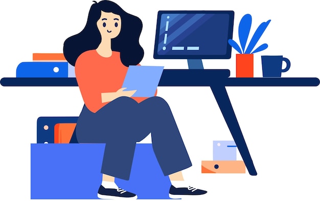 Dibujado a mano Un personaje femenino está sentado y leyendo un libro en su oficina en estilo plano aislado en el fondo