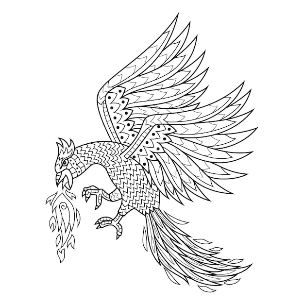 Dibujado a mano de phoenix en estilo zentangle