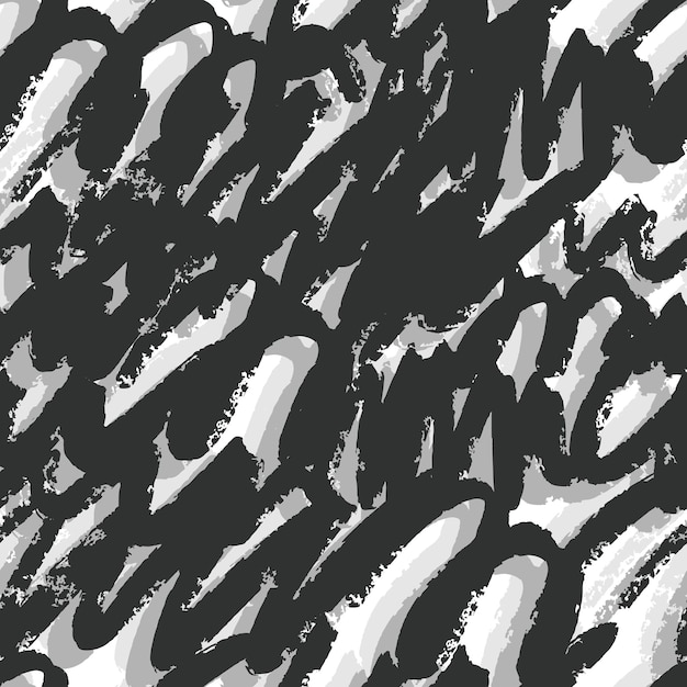 Dibujado a mano pincel artístico trazos de patrones sin fisuras. Telón de fondo de tinta negra y plateada sobre fondo blanco. Papel pintado de graffiti. Ilustración vectorial