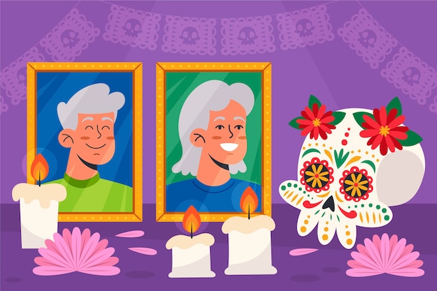 Dibujado a mano plana dia de muertos ilustración de altar de hogar familiar