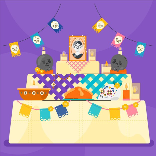 Vector dibujado a mano plana dia de muertos ilustración de altar de hogar familiar