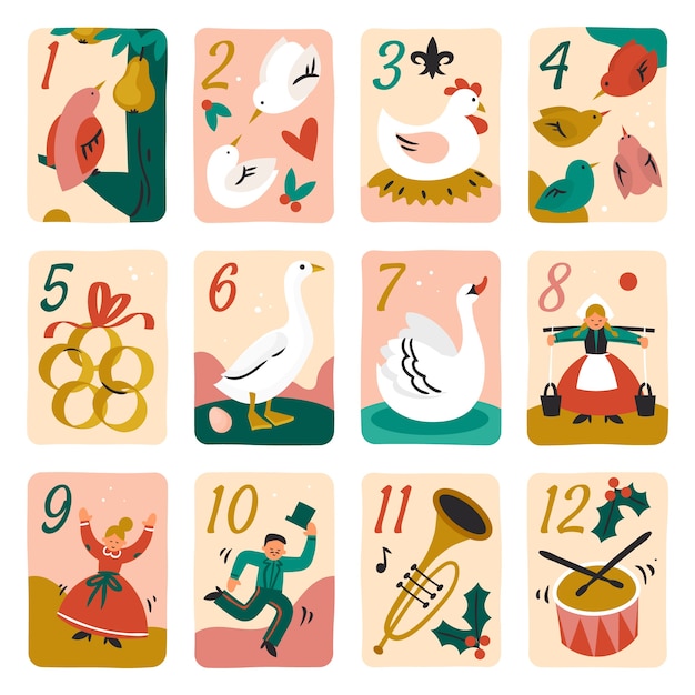 Dibujado a mano plano 12 días de navidad ilustración