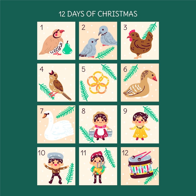 Dibujado a mano plano 12 días de navidad ilustración