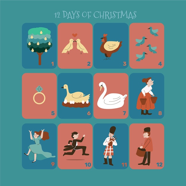 Dibujado a mano plano 12 días de navidad ilustración