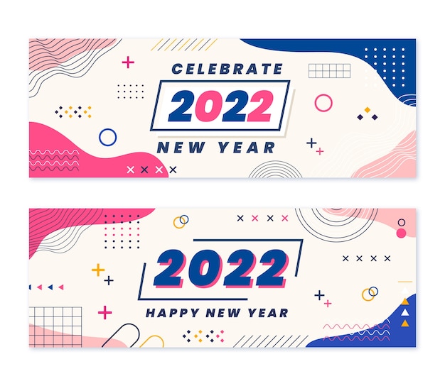 Vector dibujado a mano plano feliz año nuevo 2022 conjunto de banners horizontales