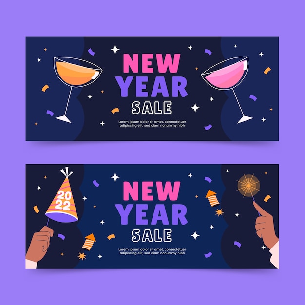Dibujado a mano plano feliz año nuevo 2022 conjunto de banners horizontales