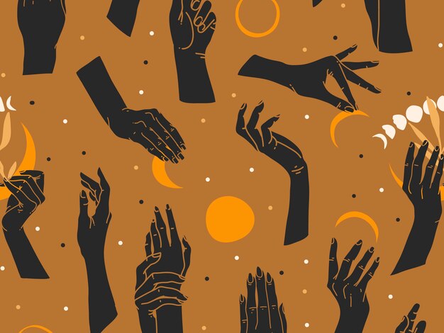 Dibujado a mano plano de patrones sin fisuras con las manos y la luna. Tema místico.