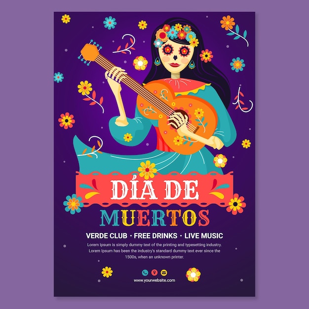 Dibujado a mano plantilla de cartel vertical plano dia de muertos