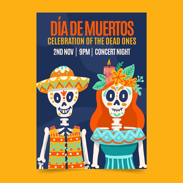 Dibujado a mano plantilla de cartel vertical plano dia de muertos