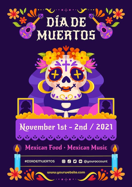 Vector dibujado a mano plantilla de cartel vertical plano dia de muertos